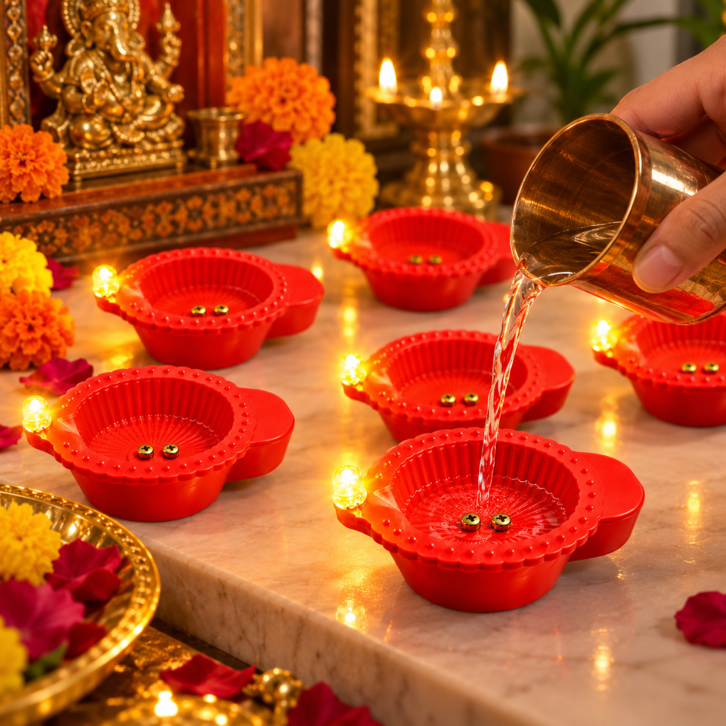 Water Sensor Diya glowing in festive puja setting – pour water and it lights up