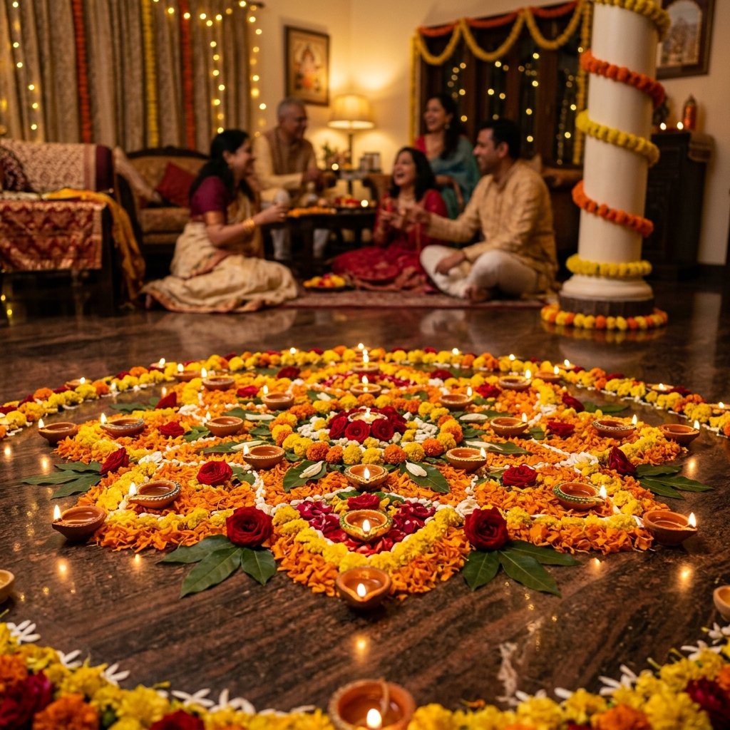 Diwali Rangoli decoration with lit Water Sensor Diyas